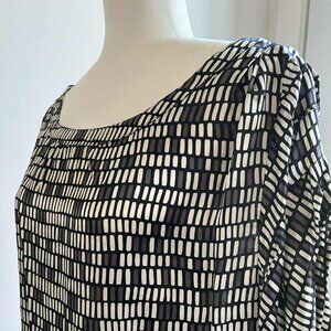Zara Black Grey & Ivory Geometric Print Pure Silk Boat-Neck Blouse - US L